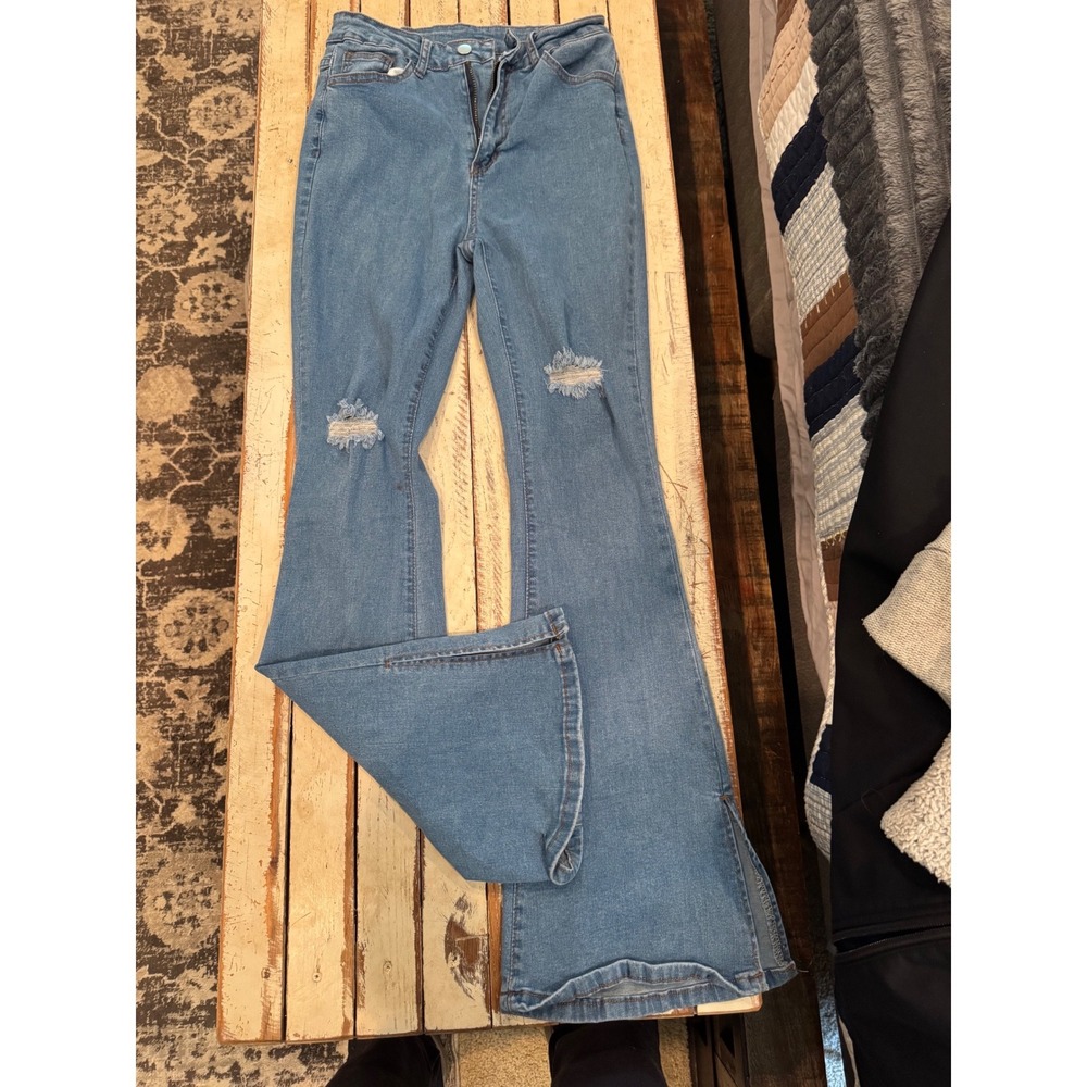 SHEIN Women Blue Distressed Split Hem Flare Jeans Medium Wash Size 6/M